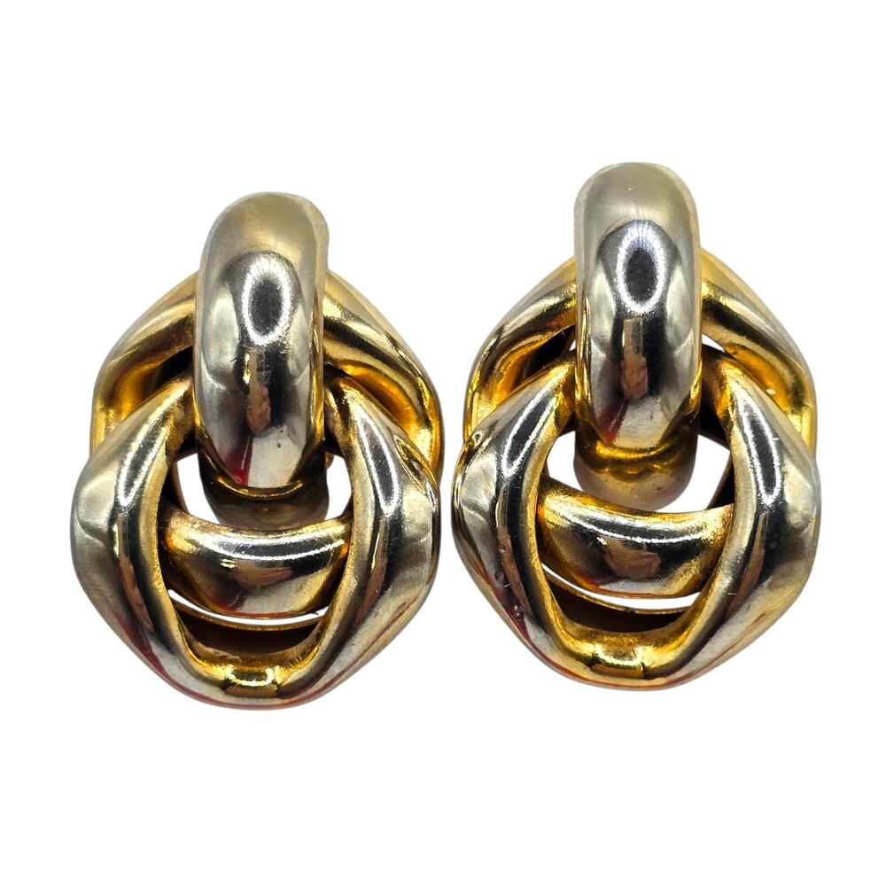 Earrings Vintage Knot Chunky Couture Runway Design Silverish Gold Tone Clip On